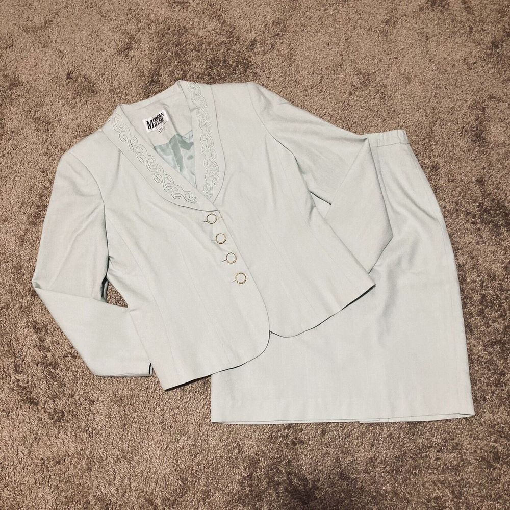 Morgan Miller Skirt Suit Size 10 10P Green Career 2PC Spring Shawl Collar Lined